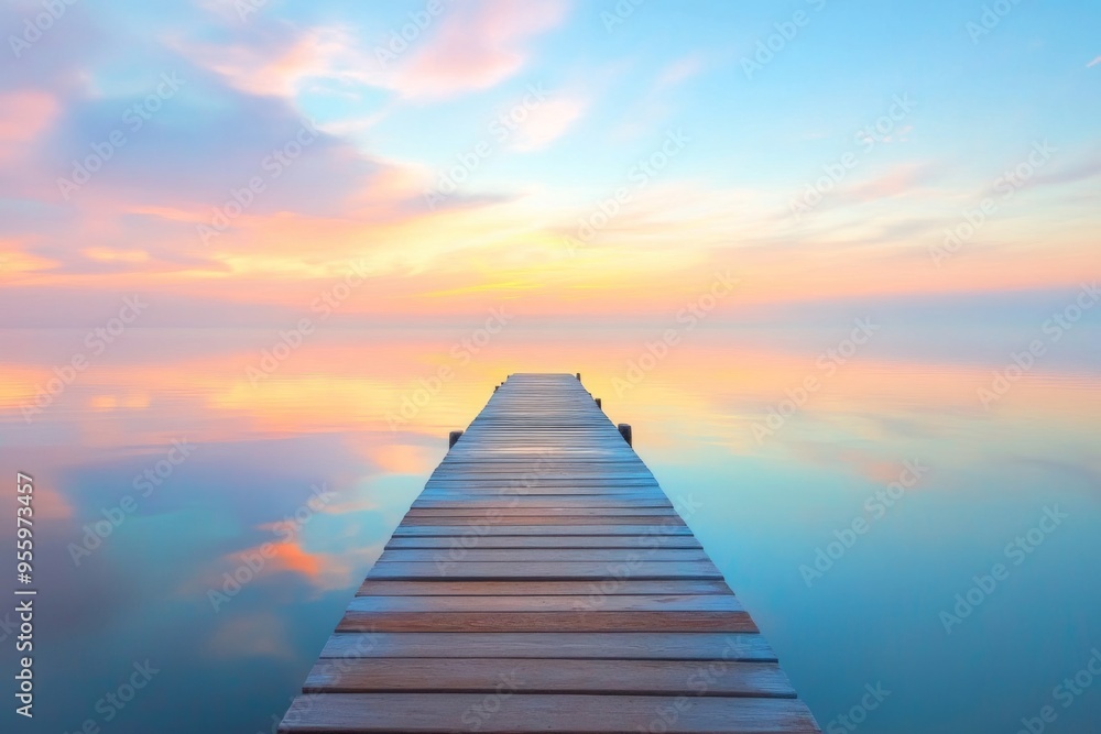 Fototapeta premium A calm wooden pier extends into a serene lake. Soft pastel colors reflect on water. A peaceful scene perfect for relaxation and tranquility. Generative AI