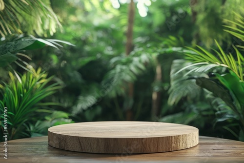 Wooden circle podium in tropical forest for product presentation and green background.3d rendering with generative ai