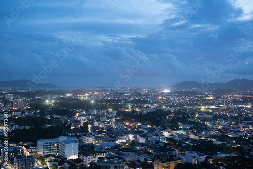 City night time of landscape at Khao Rang Viewpoint of Phuket city, Phuket province, Thailand