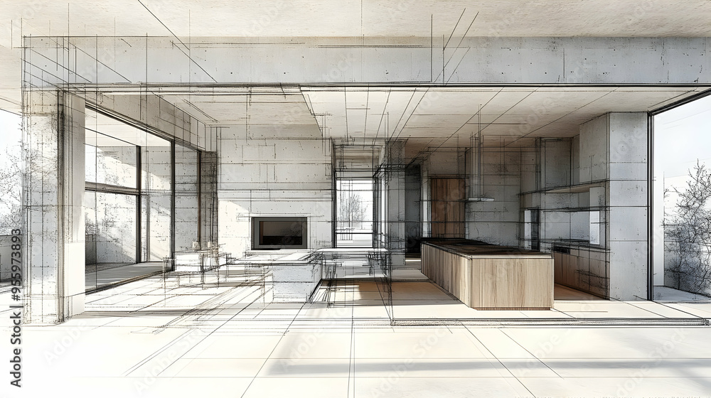 Modern Open Plan Kitchen and Living Room Interior Design Sketch Modern Open Plan Kitchen and Living Room Interior Design Sketch