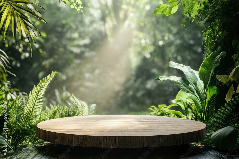Wooden circle podium in tropical forest for product presentation and green background.3d rendering with generative ai Wooden circle podium in tropical forest for product presentation and green background.3d rendering with generative ai