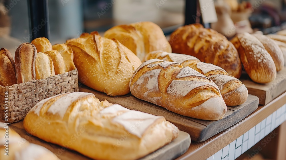 Artisan Bread Basket: Freshly baked loaves on display, their golden crusts and rustic textures tempting bakery-goers. Artisan Bread Basket: Freshly baked loaves on display, their golden crusts and rustic textures tempting bakery-goers.