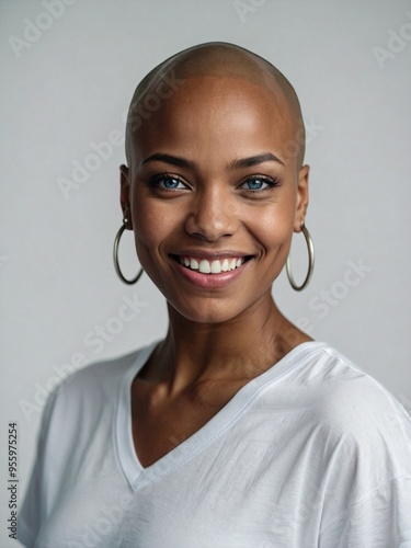 Black woman, bald head smiling, big earing wearing white shirt 