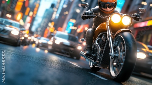 Motorcycle Rider Navigating Busy City Street at Night