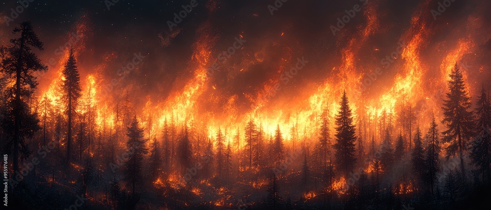 Fiery Forest Fire at Night with Tall Trees Fiery Forest Fire at Night with Tall Trees
