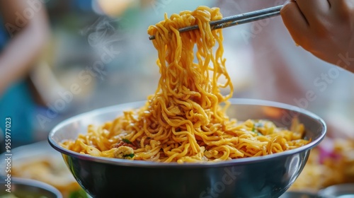 Steaming Hot Savory Asian Noodle Dish in Bowl with Chopsticks photo