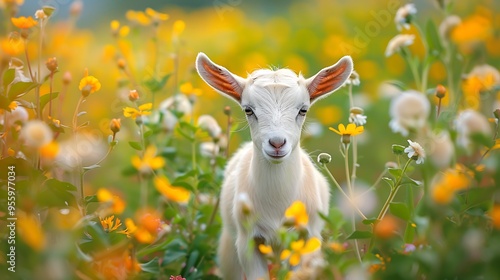 A cute infant goat playing in a vibrant lush fields