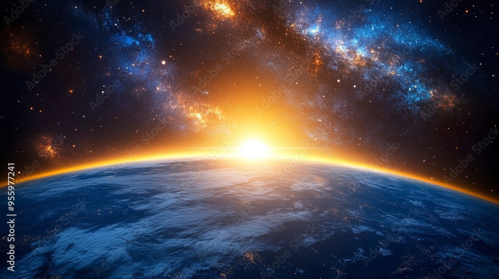 View of the Earth, star and galaxy. Sunrise over planet Earth, view from space. View of the Earth, star and galaxy. Sunrise over planet Earth, view from space.