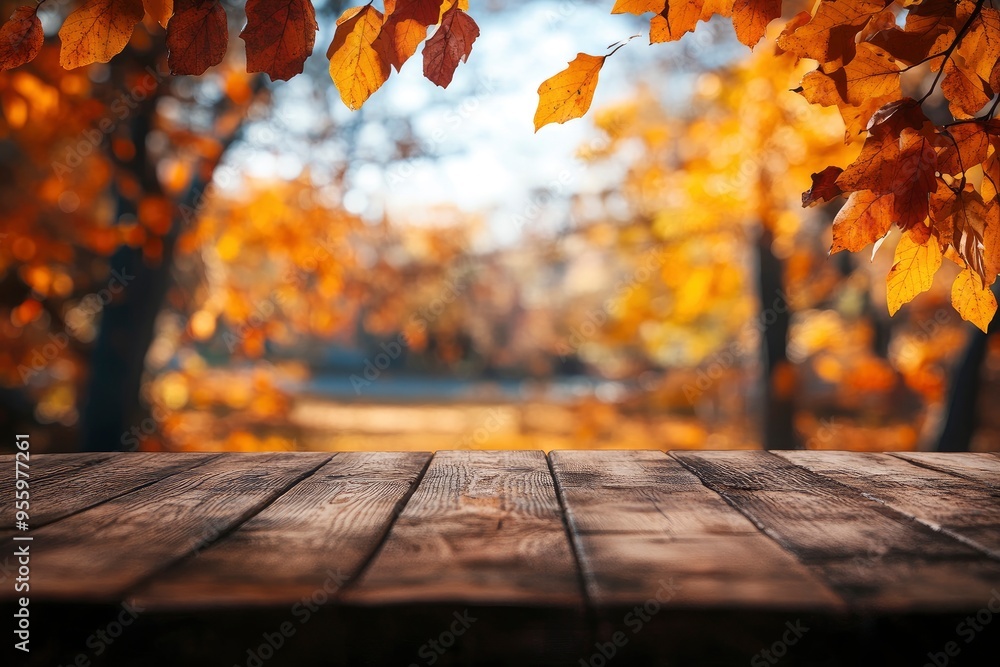 wooden table and blurred Autumn background. Autumn concept with red-yellow leaves background with generative ai wooden table and blurred Autumn background. Autumn concept with red-yellow leaves background with generative ai