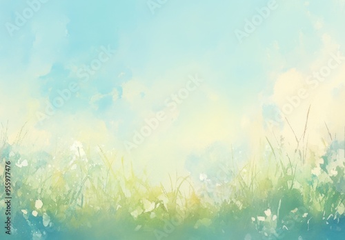 Watercolor Background with Soft Pastel Colors Featuring Light Blue and Green, Blurred Sky and Green Grass Field