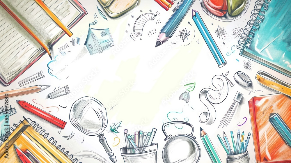 A Colorful Arrangement of School Supplies Surrounding a White Space A Colorful Arrangement of School Supplies Surrounding a White Space