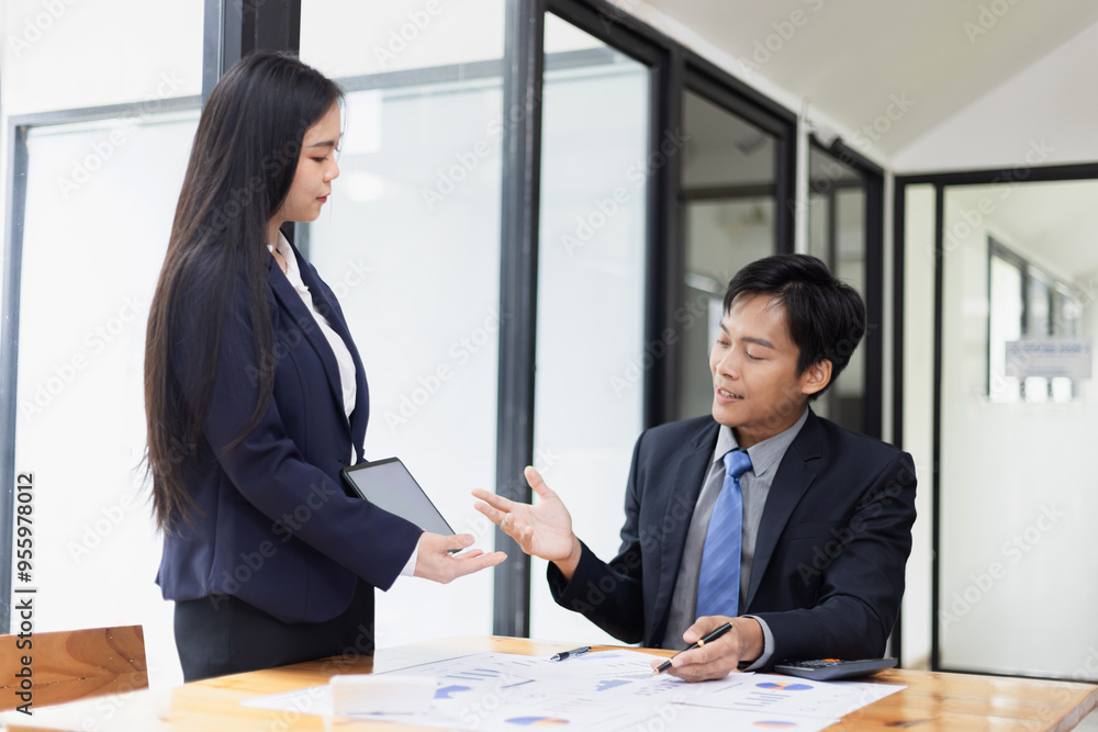 Business financial advisory services concept. Business teamwork and working on digital laptop computer with advisor showing plan of investment to clients at table office. Digital marketing. Business financial advisory services concept. Business teamwork and working on digital laptop computer with advisor showing plan of investment to clients at table office. Digital marketing.