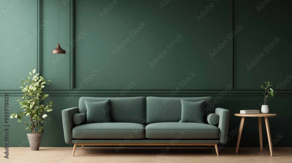 Stylish living room with a green sofa, modern decor, and indoor plants, creating a serene and inviting atmosphere. Stylish living room with a green sofa, modern decor, and indoor plants, creating a serene and inviting atmosphere.