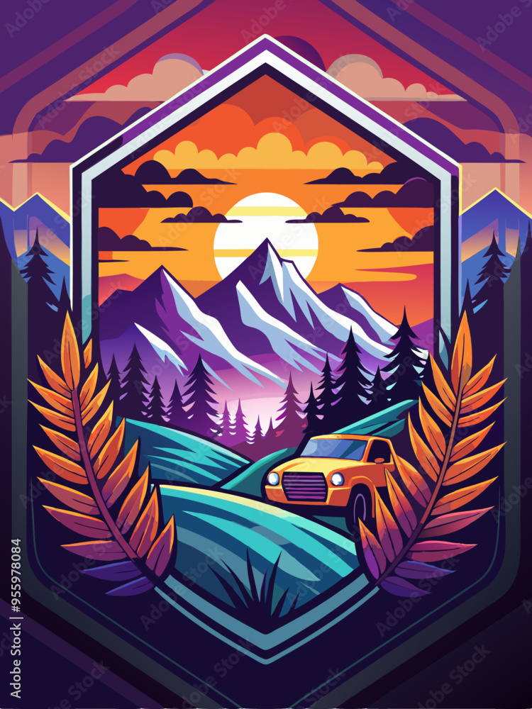 Mountain Sunset with a Car and Ferns in a Hexagon Frame Mountain Sunset with a Car and Ferns in a Hexagon Frame