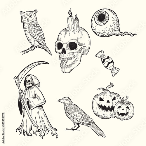 Collection of hand drawn sketch doodle illustrations for Halloween, pumpkins, skulls, owls, crows, eyeballs, grim reaper.