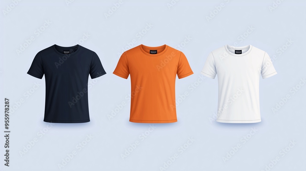 Classic Tees on Display: A trio of blank t-shirts in navy, orange, and white, perfect for showcasing your designs and branding. Classic Tees on Display: A trio of blank t-shirts in navy, orange, and white, perfect for showcasing your designs and branding.