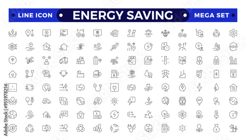 Energy Saving outline icon set with conservation, reduce waste, consumption, management, efficiency, gas emission and green house. Eco related icons Energy Costs, Power ConsumptionGreen House 
