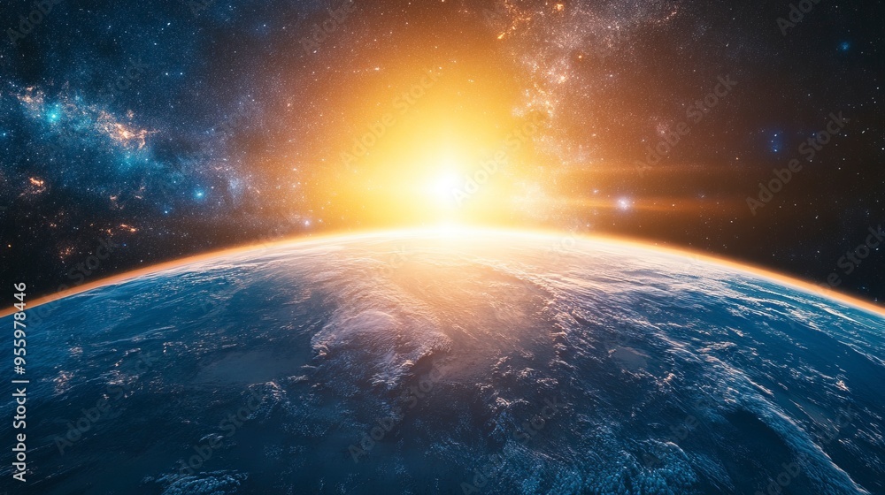 View of the Earth, star and galaxy. Sunrise over planet Earth, view from space. View of the Earth, star and galaxy. Sunrise over planet Earth, view from space.