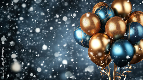 Holiday background with golden and blue metallic balloons, confetti and ribbons.