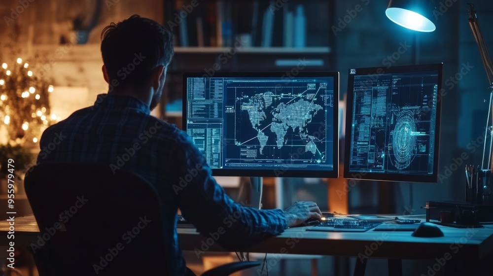 Developer works on UI in dark office. Developer works on UI in dark office.