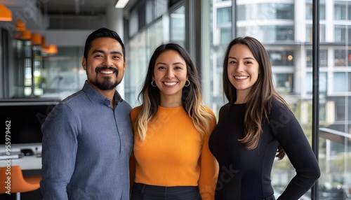 Three smiling colleagues standing near a window in an office photo