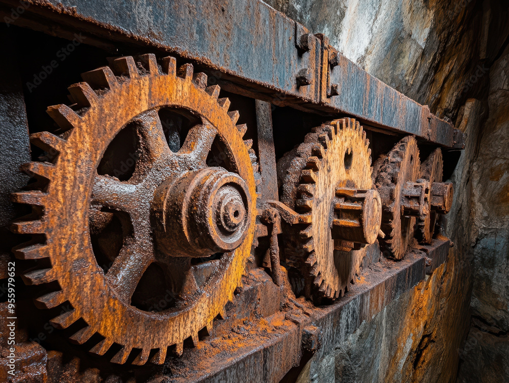 Rusty gears and machinery create striking industrial scene, showcasing beauty of decay and history. Rusty gears and machinery create striking industrial scene, showcasing beauty of decay and history.