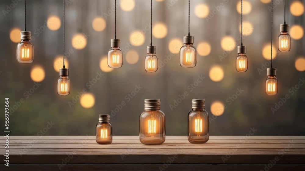 Elegant display of hanging lights and glowing jars on a wooden surface. Perfect for interior design and ambiance inspiration. Elegant display of hanging lights and glowing jars on a wooden surface. Perfect for interior design and ambiance inspiration.