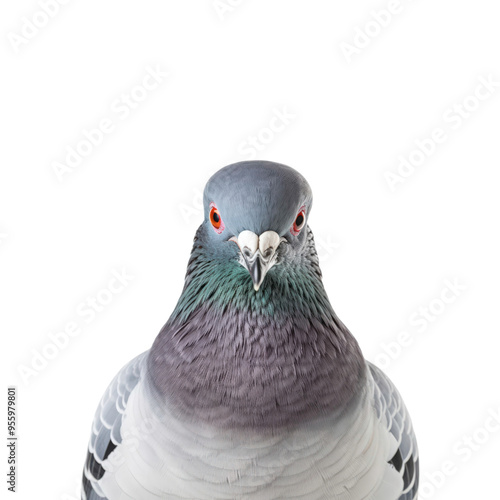 A closeup of a pigeon head with bright feathers on a plain white background. Ideal for nature, bird, or wildlife-themed designs