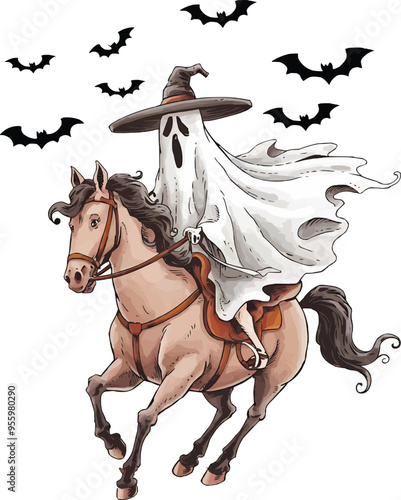 Cute Funny Ghost riding horse Png, 
Halloween Fall Witchy Ghost Witch Png photo