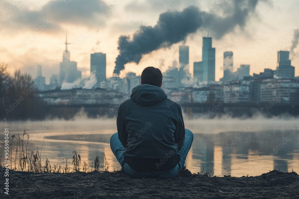 Young man sitting on drying river and looking to polluted city with ...