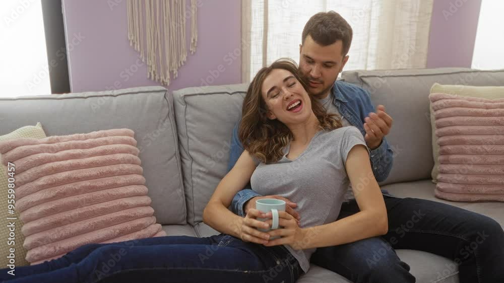 Woman smiling with a coffee mug while man hugs her on a comfortable sofa in a stylish living room Woman smiling with a coffee mug while man hugs her on a comfortable sofa in a stylish living room