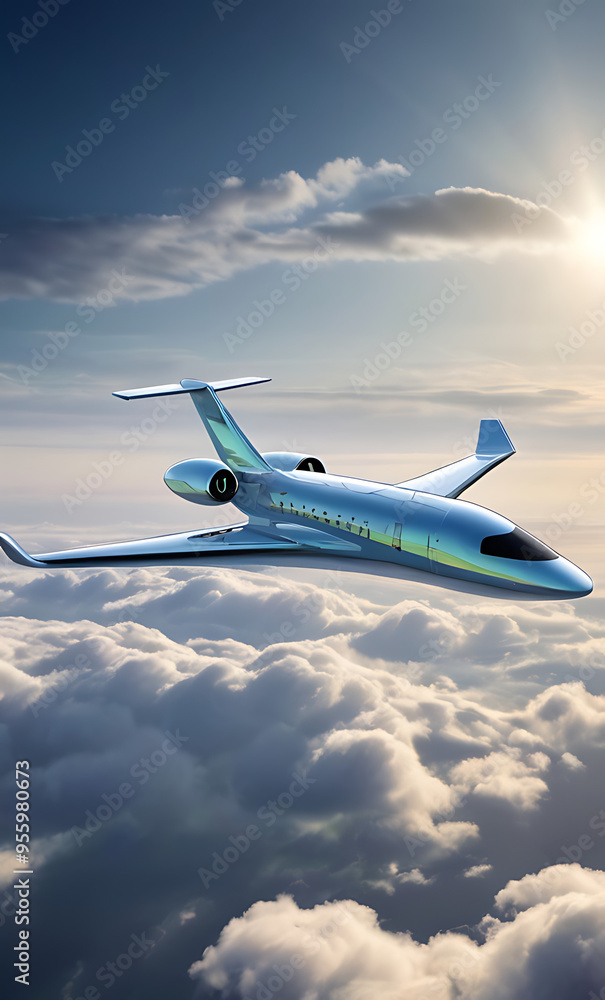 Fototapeta premium A futuristic hydrogen powered airplane or aeroplane flying over the clouds, representing the next generation of sustainable air travelling, air vehicle transportation