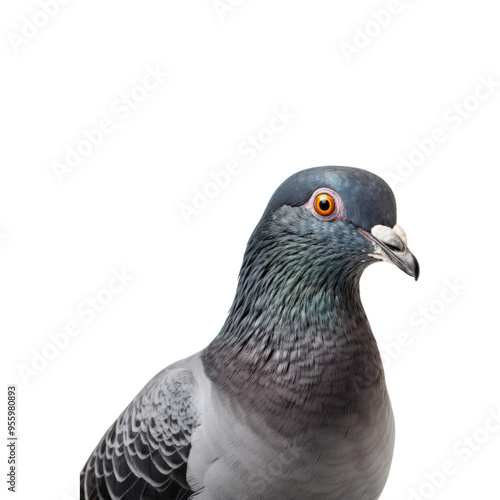 A closeup of a pigeon head with bright feathers on a plain white background. Ideal for nature, bird, or wildlife-themed designs