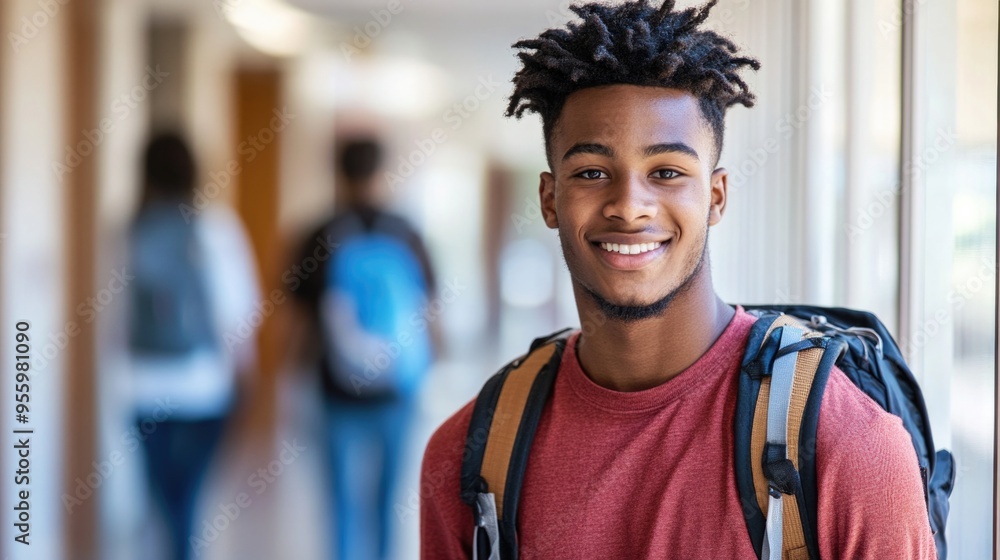 happy african american college student leaning against campus wall. High quality photo