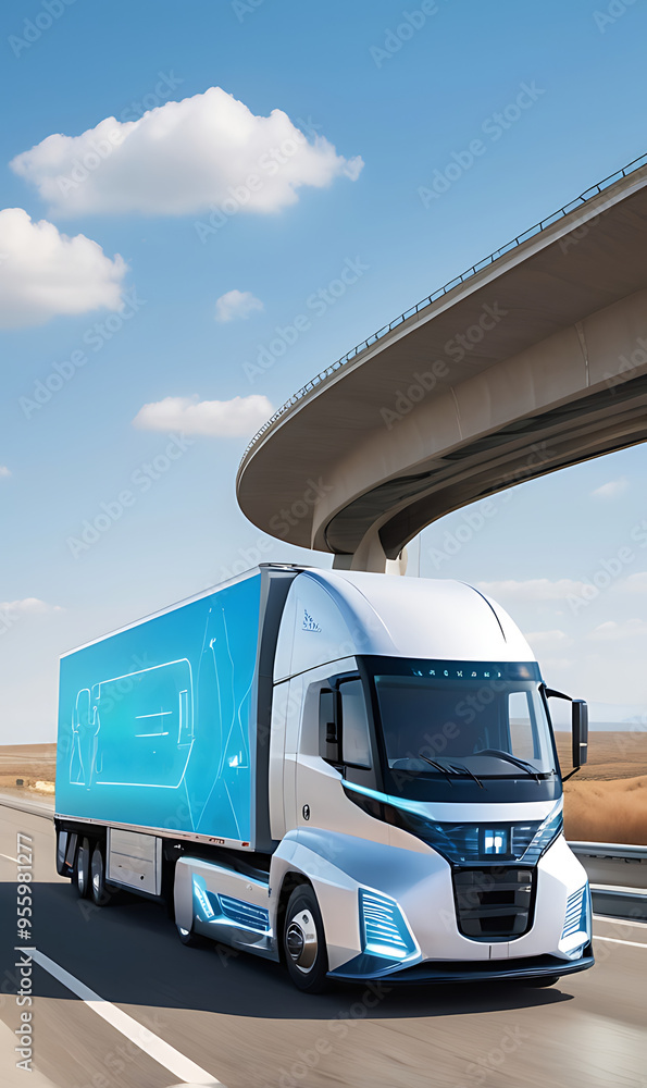 Fototapeta premium A futuristic hydrogen-powered truck driving across a highway, representing the future of clean energy and sustainable logistics with copy space.