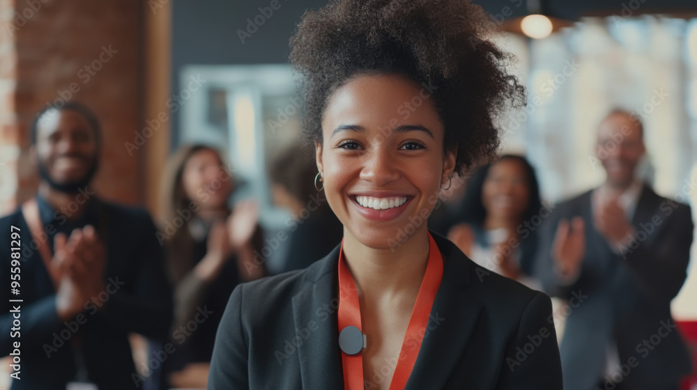 Business woman standing and smiling happily with group of diverse professionals Business woman standing and smiling happily with group of diverse professionals