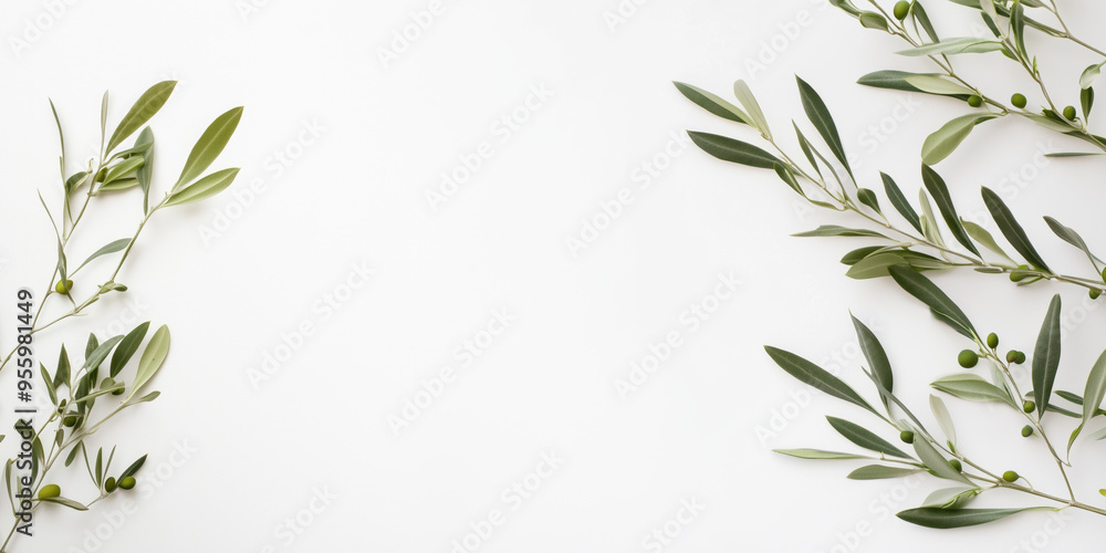 Minimalist Olive Branch on White Background: Natural Green Leaves for Wellness, Spa, Wedding Invitations, Mediterranean Cuisine, and Eco-Friendly Design Minimalist Olive Branch on White Background: Natural Green Leaves for Wellness, Spa, Wedding Invitations, Mediterranean Cuisine, and Eco-Friendly Design