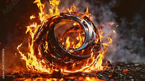 A metallic sphere engulfed in flames, with fiery embers scattering around it.
