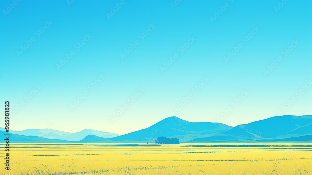 Endless Rice Field with Distant Mountains and Sky , Light Blue Tones and Yellow Grainy Textures with Large Empty Space
Endless Rice Field with Distant Mountains and Sky , Light Blue Tones and Yellow Grainy Textures with Large Empty Space