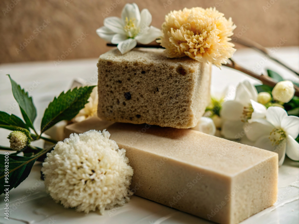 composition with white and beige colored soap blocks, flowers and textured pumice stone composition with white and beige colored soap blocks, flowers and textured pumice stone
