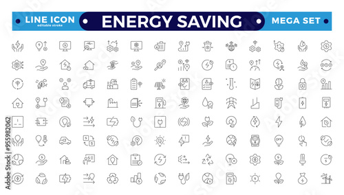 Energy Saving outline icon set with conservation, reduce waste, consumption, management, efficiency, gas emission and green house. Eco related icons. Editable stroke outline icon. 