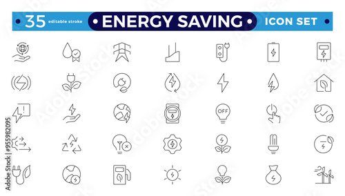 Energy Saving outline icon set with conservation, reduce waste, consumption, management, efficiency, gas emission and green house. Eco related icons. Editable stroke outline icon. 