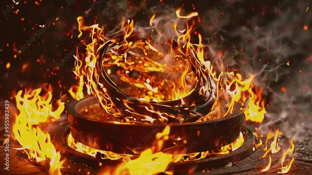 A ring of fire, glowing with molten heat, surrounded by a fiery inferno. A ring of fire, glowing with molten heat, surrounded by a fiery inferno.