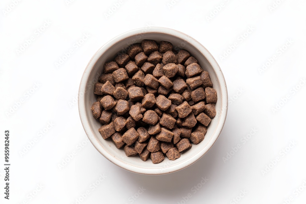A bowl filled with small, brown, kibble-like food pieces, likely for pets. A bowl filled with small, brown, kibble-like food pieces, likely for pets.
