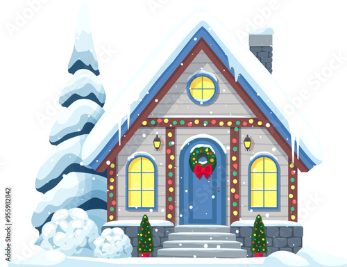 Christmas winter house facade exterior with snow-kissed eaves, twinkling lights and snowy roof. Isolated vector cozy cottage with frosty windows glow warmly, door adorned with welcoming spruce wreath
