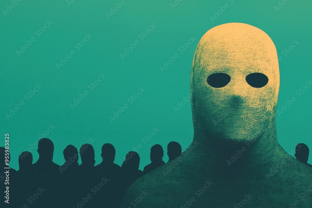 A conceptual image of a masked figure looking over a crowd, suggesting themes of surveillance, stalking, or criminal intent A conceptual image of a masked figure looking over a crowd, suggesting themes of surveillance, stalking, or criminal intent