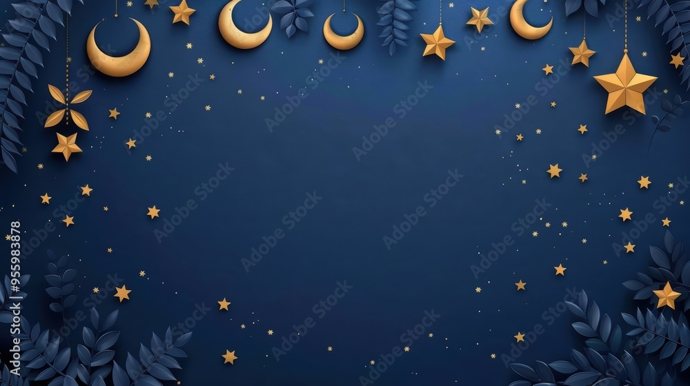 Fototapeta premium Elegant Night Sky Background with Golden Stars and Crescent Moons on Dark Blue Paper Cut Design