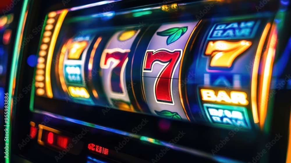Close-up of a Slot Machine Displaying Three Sevens Close-up of a Slot Machine Displaying Three Sevens