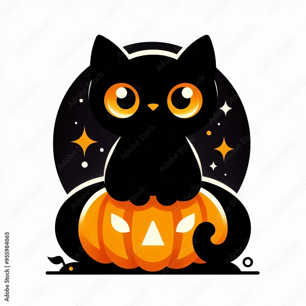 Obraz premium Flat Vector Black Cat Sitting on Black Pumpkin Halloween Themed with Jack-o-Lanterns