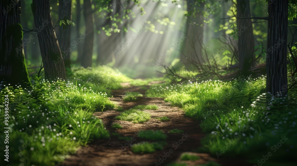 Fototapeta premium Sunlight Filtering Through Lush Green Forest with a Serene Pathway and Vibrant Foliage